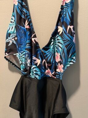 & Other Stories Black One-Piece Swimsuit with Blue and Pink Tropical Print